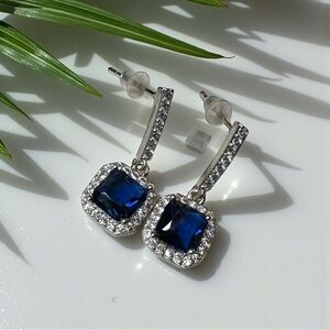 Nikola Valenti Blue Crystal Drop Earrings w/ Halo – Silver Tone